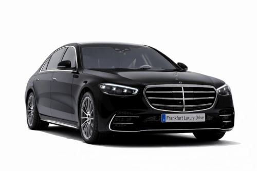 Schwarze Mercedes S-Klasse Limousine aus dem Fuhrpark von Frankfurt Luxury Drive