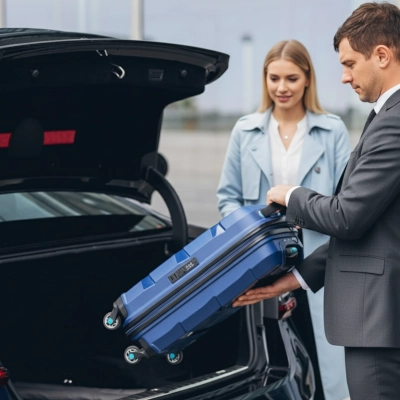 Chauffeur legt einen blauen Koffer in den Kofferraum einer Limousine, Reisende wartet daneben – Flughafentransfer Frankfurt