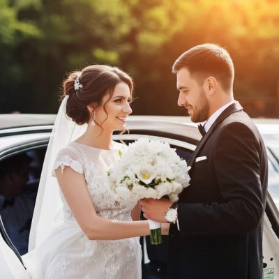 Braut mit Blumenstrauß und Bräutigam in Anzug steigen vor einer weißen Hochzeitslimousine in Frankfurt ein